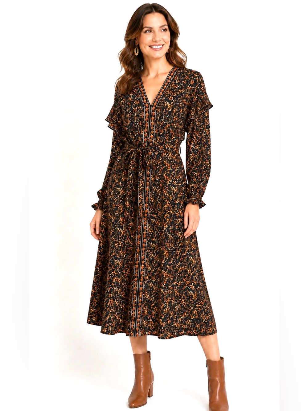Max Studio, Floral Ruffle Sleeve Belted Midi Dress Boho, Size M NWT